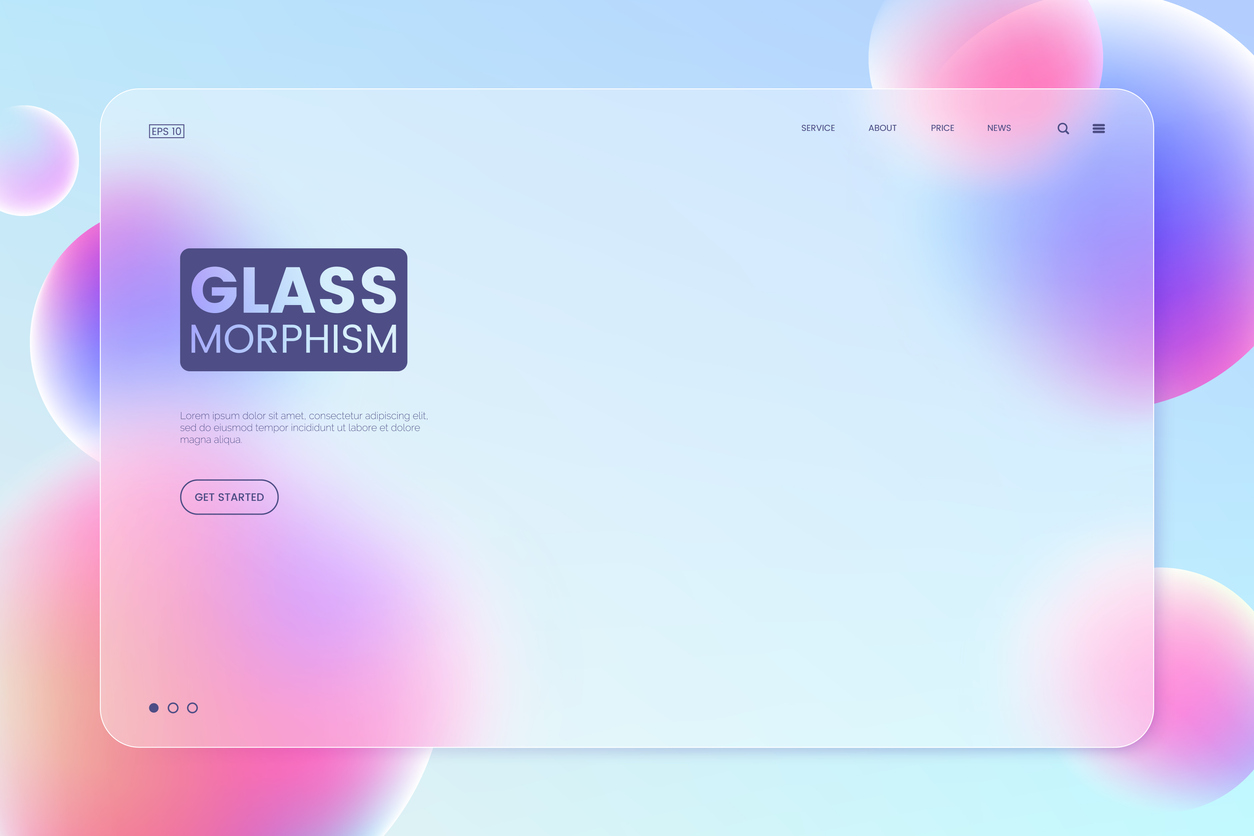 Website landing page template in glassmorphism style. Horizontal Website screen with glass overlay effect isolated on abstract background with liquid gradient shapes. Vector illustration.